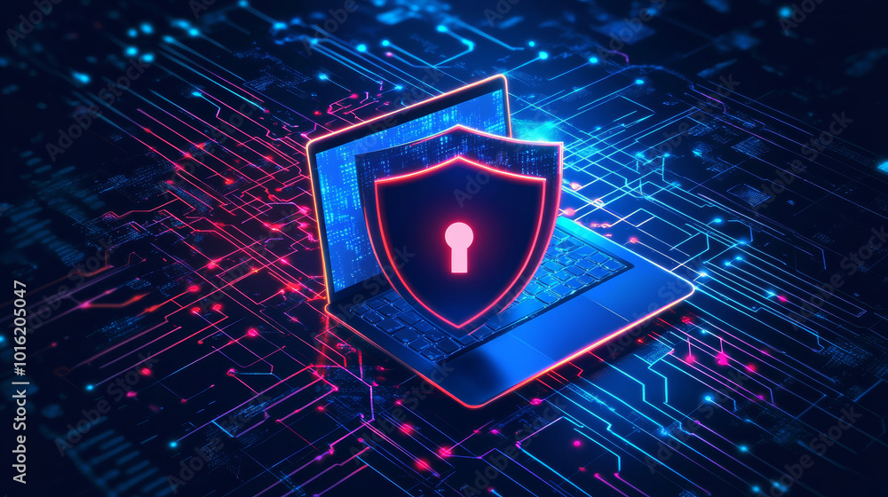Poster cybersecurity and data protection concept on a blue background, focusing on cyberattacks. emphasizes