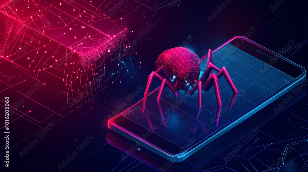 Poster isometric 3d illustration depicting a spider as a symbol of hacker attack danger. represents concept