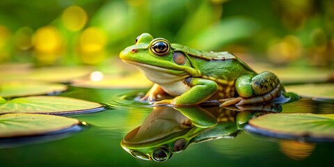 Naklejka premium A Vibrant Green Frog Perched on a Lily Pad, its Reflection Mirrored in the Still Water, Surrounded by Lush Greenery