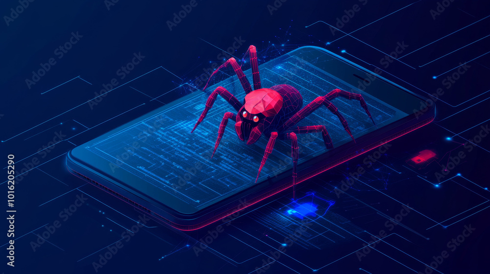 Poster isometric 3d illustration depicting a spider as a symbol of hacker attack danger. represents concept