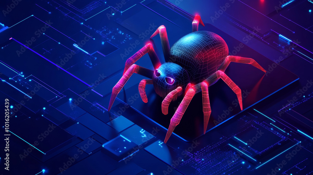 Poster isometric 3d illustration of a spider symbolizing a hacker attack danger. depicts concepts of web se