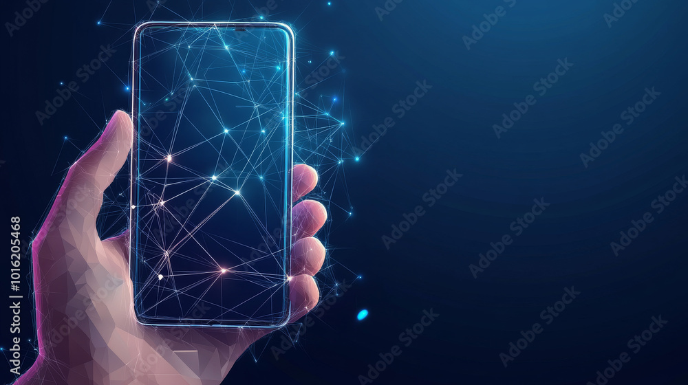 Poster a man's hand holding a smartphone in an abstract polygonal wireframe style. the mobile phone feature