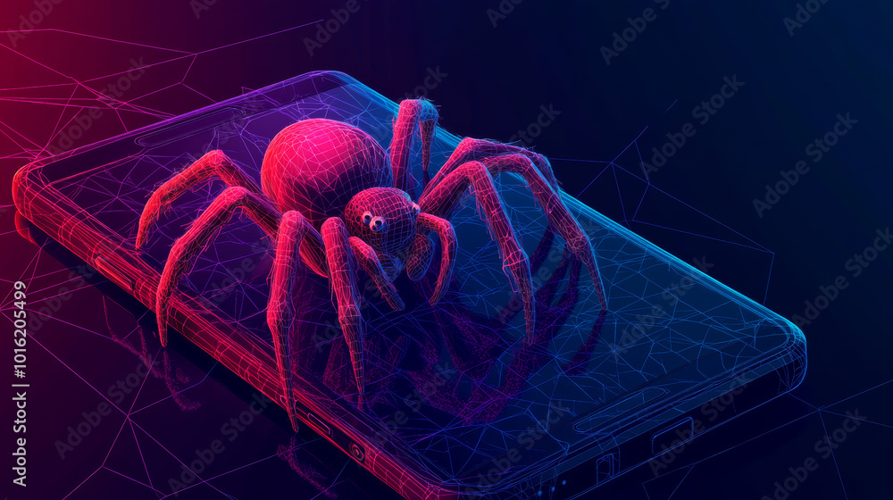 Poster isometric 3d illustration of a spider symbolizing a hacker attack danger. depicts concepts of web se