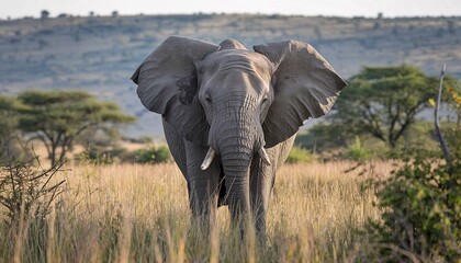 Fototapeta premium A majestic elephant standing amidst tall golden grasses, with its large ears spread out