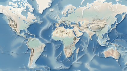 A detailed topographic map highlights global continents with textured variations in landforms, surrounded by oceans with subtle depth indicators.