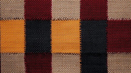 Close-up of a woven plaid fabric in red, black, yellow and beige.