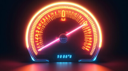 This vibrant vector illustration features a neon car speedometer, designed with glowing elements that create a dynamic and futuristic appearance.