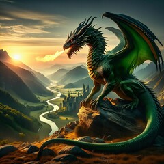 A majestic dragon rests atop a rocky cliff, surveying the vast valley below. Glowing eyes and fiery breath, dusk sky, casting a warm glow over the serene landscape. Castle. Generative AI