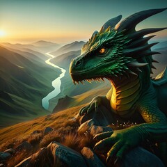 A majestic dragon rests atop a rocky cliff, surveying the vast valley below. Glowing eyes, dusk sky, casting a warm glow over the serene landscape. Castle. Generative AI