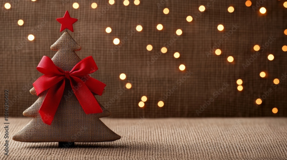 Aufkleber red ribbon christmas tree ornaments shining against a burlap canvas background with warm glowing bok