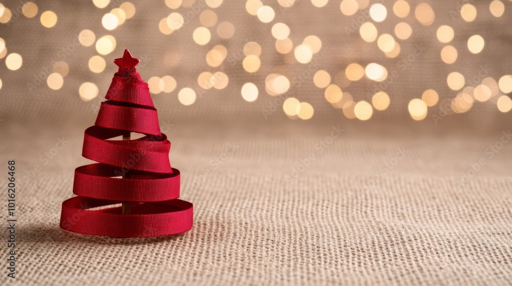 Aufkleber red ribbon christmas tree ornaments shining against a burlap canvas background with warm glowing bok