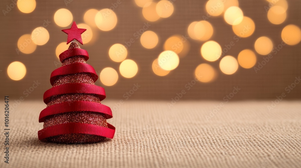 Poster red ribbon christmas tree ornaments shining against a burlap canvas background with warm glowing bok