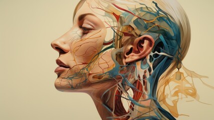 Obraz premium A woman's face elegantly merges with anatomical illustrations, showcasing beauty and the complexity of human anatomy in a creative composition.