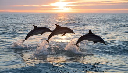 Fototapeta premium A breathtaking scene of dolphins leaping out of the ocean waves during sunset