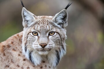 Obraz premium A close-up of a lynx, a wild cat with tufted ears and sharp, piercing yellow eyes