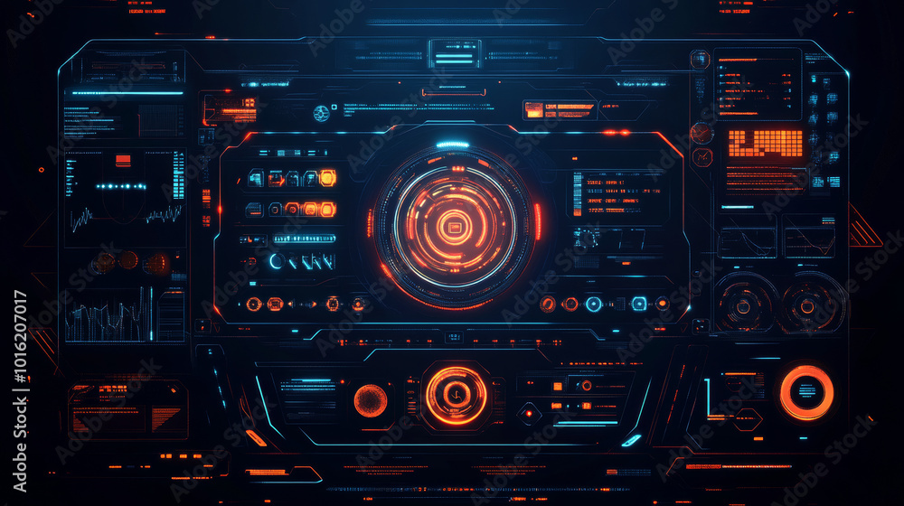 Poster a hud (heads-up display) featuring target aim controls on a futuristic screen interface, presented a