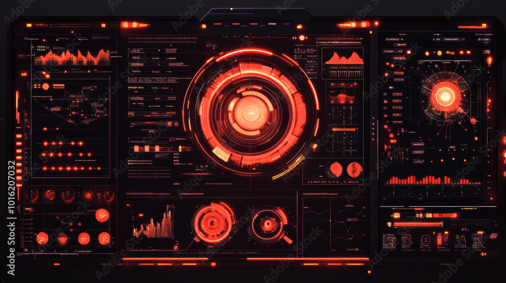 Poster a hud (heads-up display) featuring target aim controls on a futuristic screen interface, presented a