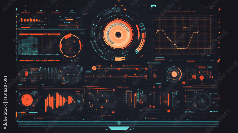 Poster a hud (heads-up display) featuring target aim controls on a futuristic screen interface, presented a