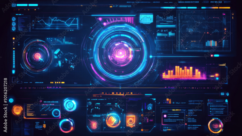 Poster a hud (heads-up display) featuring target aim controls on a futuristic screen interface, presented a