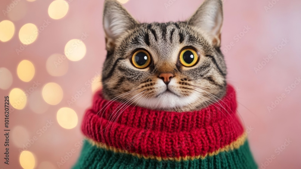 Poster Scottish Fold with a festive scarf surrounded by Christmas lights on a soft pink-to-silver gradient background 