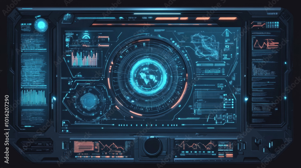 Poster a hud (heads-up display) featuring target aim controls on a futuristic screen interface, presented a