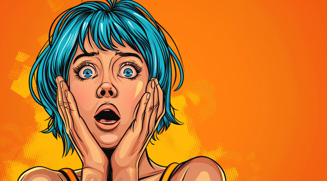 Shocked and afraid comic woman pop art style with blue hair and blue eyes is looking at the camera with her hands on her face