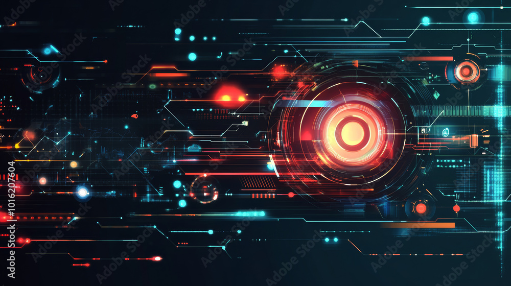 Poster a hud (heads-up display) featuring target aim controls on a futuristic screen interface, presented a
