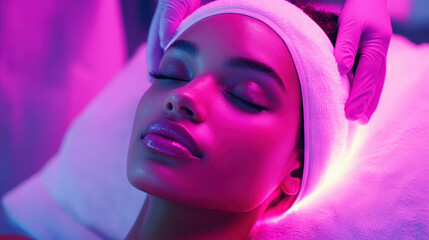 Female model receiving LED light therapy, futuristic glowing colors, [beauty technology], [skin rejuvenation] 
