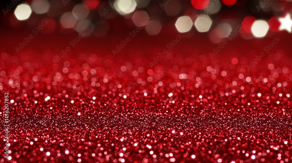 Poster shimmering red glitter backdrop with soft glowing stars, creating a dreamy festive texture for chris