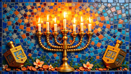 Menorah with lit candles on a colorful mosaic background with festive decorations for Hanukkah