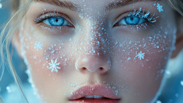 Close-up portrait of a model with icy snowflakes