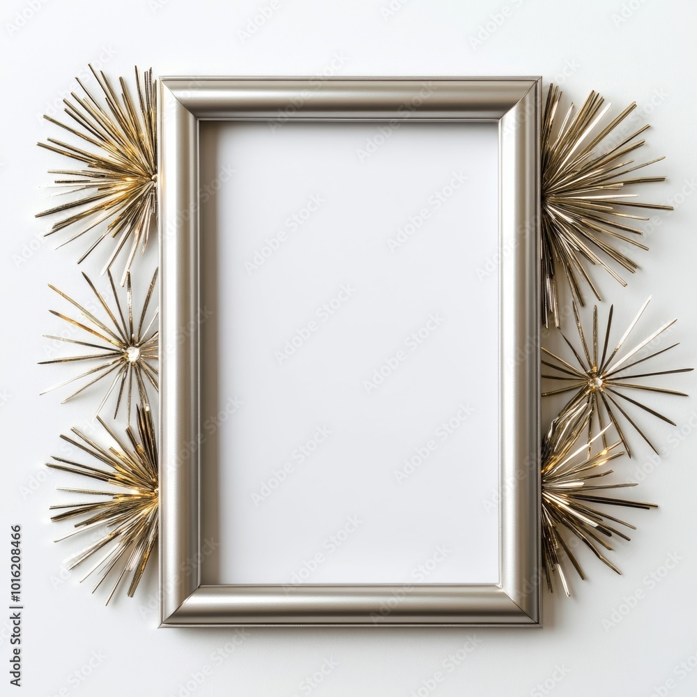 Poster sleek silver new year picture frame with sparkling fireworks design along the border isolated on whi