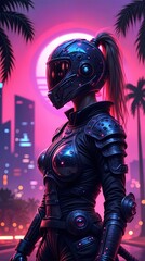 Fototapeta premium Futuristic Cyber Samurai Standing in Neon City at Night