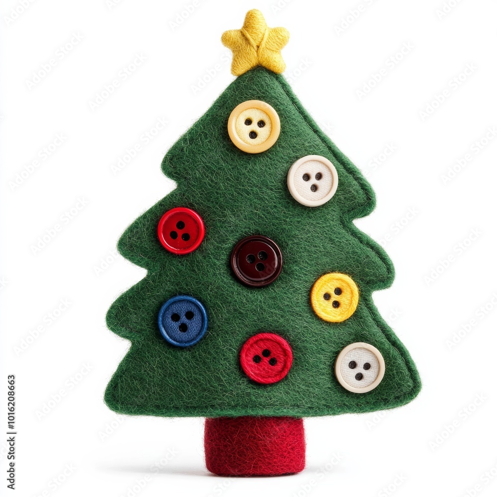 Poster small felt christmas tree with button ornaments and playful texture isolated on white background