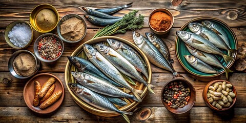 Fototapeta premium A Rustic Tabletop Scene Featuring Fresh Fish and an Array of Spices, Ready for a Savory Culinary Adventure