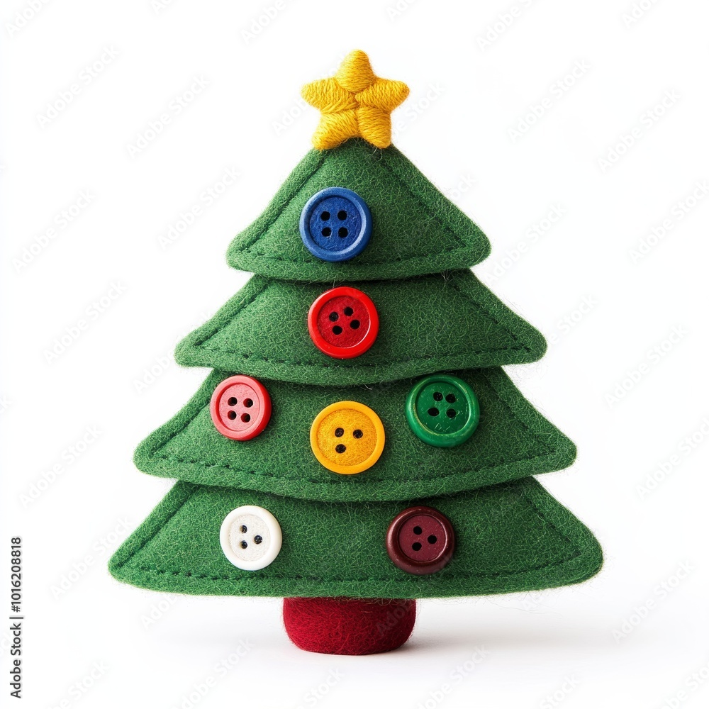 Poster small felt christmas tree with button ornaments and playful texture isolated on white background
