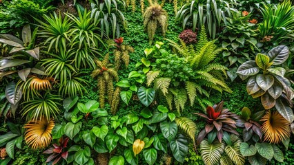 Fototapeta premium A verdant tapestry of leaves, vines, and ferns, interwoven with bursts of vibrant color, creates a lush and intricate living wall.