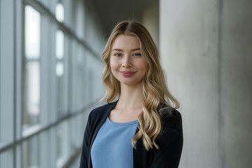 Intellectual blonde Swedish female student posing in a blue shirt and a black jacket