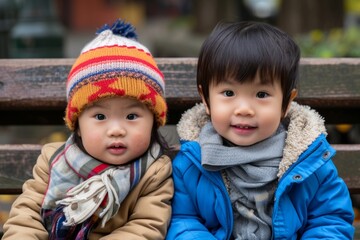 Two cute little asian boy and girl wearing winter clothes in the park