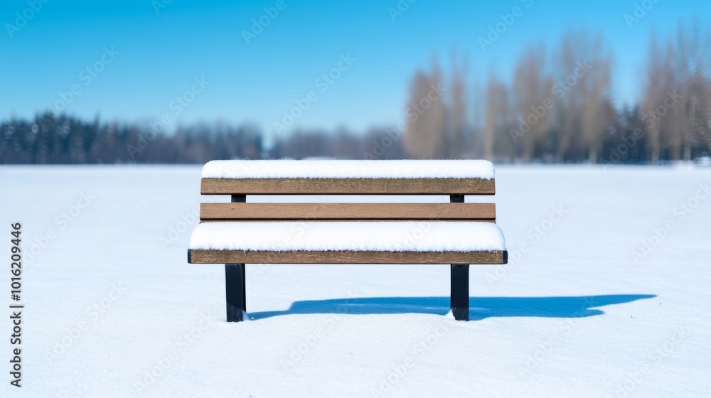 Aufkleber snow-covered bench in a quiet winter park with empty space in the sky for a peaceful text overlay