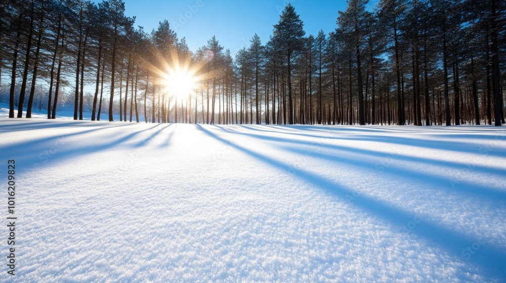 Wall mural Snow-covered pine forest with soft sunlight filtering through the trees and a blanket of fresh snow on the ground 