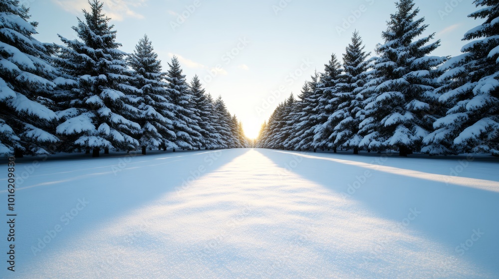 Canvas Prints Snow-covered pine forest with soft sunlight filtering through the trees and a blanket of fresh snow on the ground 