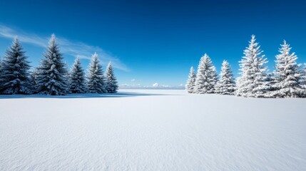 Snow-covered pine trees and a frozen lake under a clear blue sky with soft sunlight and space for text 