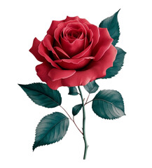 Stunning Red Rose with Lush Green Leaves on a Transparent Background