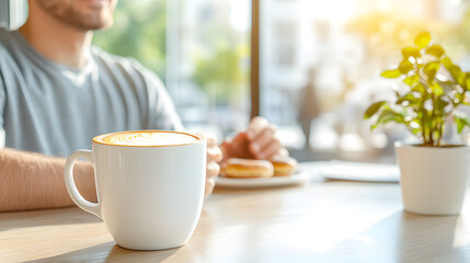 A cup of Latte coffee in a cozy European café on a peaceful Sunday afternoon, sipping coffee, chatting, and enjoying the warmth of sunlight filter to the windows. a beauty of slow living and comfort.