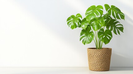 Obraz premium A vibrant monstera plant thrives in a woven pot, basking in warm sunlight that casts gentle shadows on the white wall, enhancing the peaceful ambiance of the space