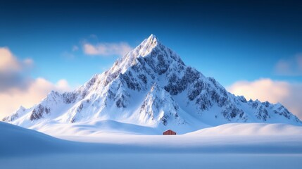 Obraz premium Snow-dusted rocky mountain range with icy cliffs and glowing sunlight breaking through the clouds 
