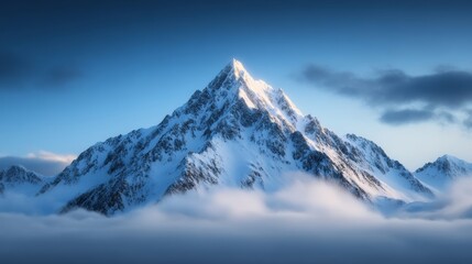 Snow-dusted rocky mountain range with icy cliffs and glowing sunlight breaking through the clouds 