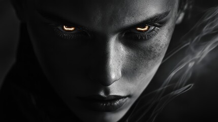 Dramatic black-and-white portrait with neon accents, sharp contrasts, subject gaze intense and captivating, futuristic appeal with classic elegance