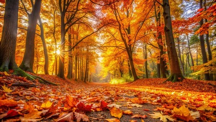 Sunbeams filtering through the golden canopy of a deciduous forest, illuminating the path ahead, as leaves of vibrant hues blanket the ground